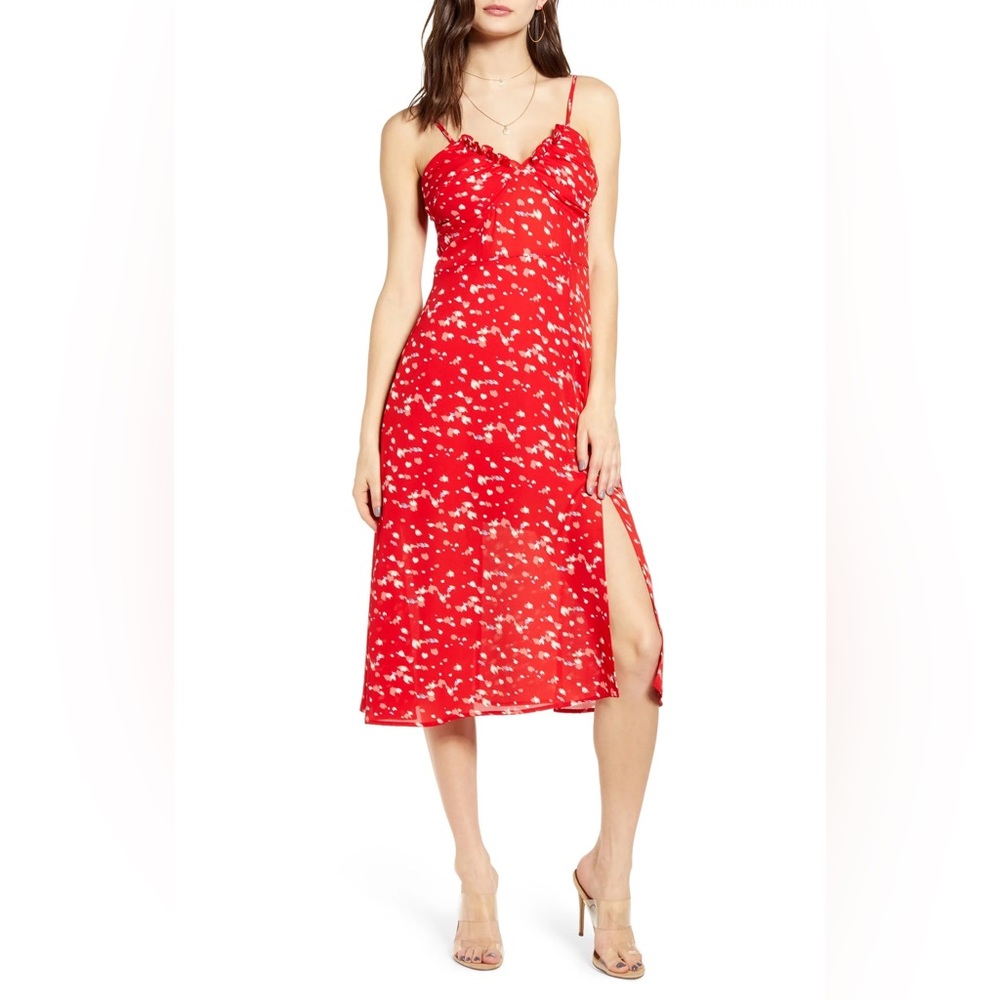 Red Floral Slip Midi Dress with Side Slit